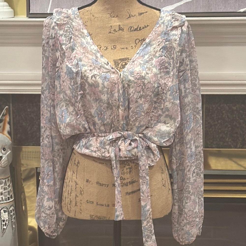 Cream Ruffled Tie Front Long Sleeve Blouse